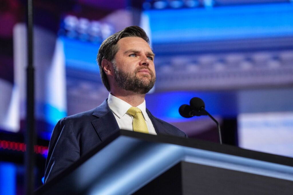 JD Vance give his speech before a large crowd at the Republican midterm convention.