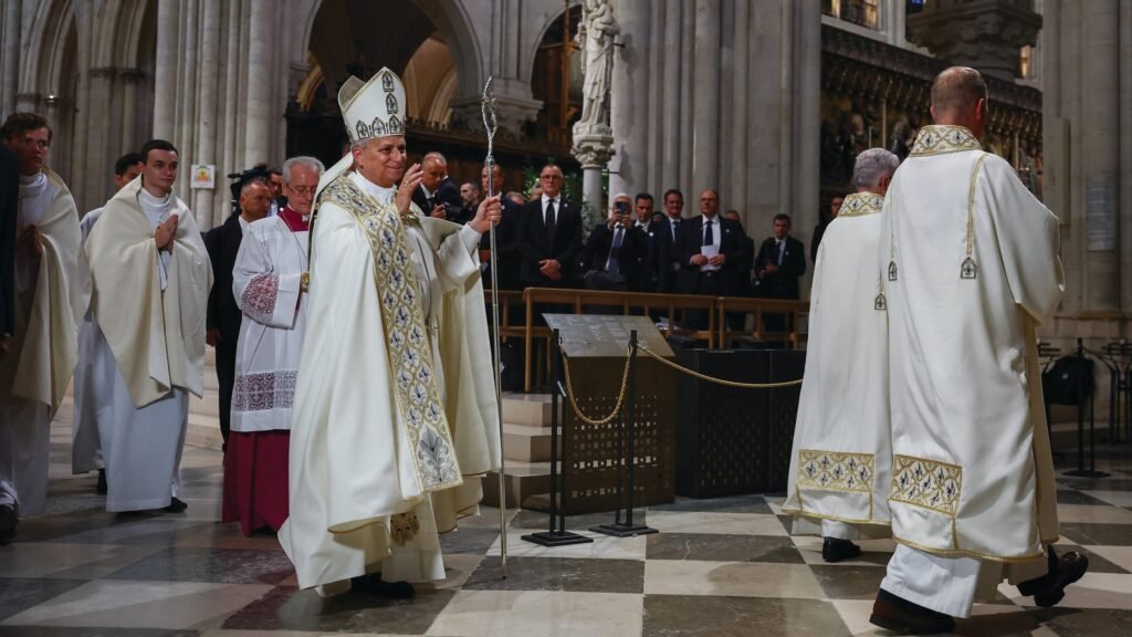 Pope Leo XIV leads a prayer service inside restored Notre-Dame Cathedral in Paris.