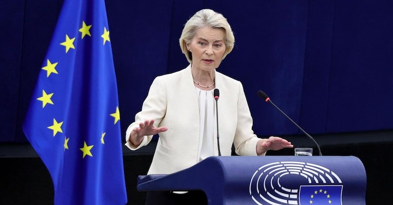Ursula von der Leyen speaking at the European Parliament in Strasbourg, France.