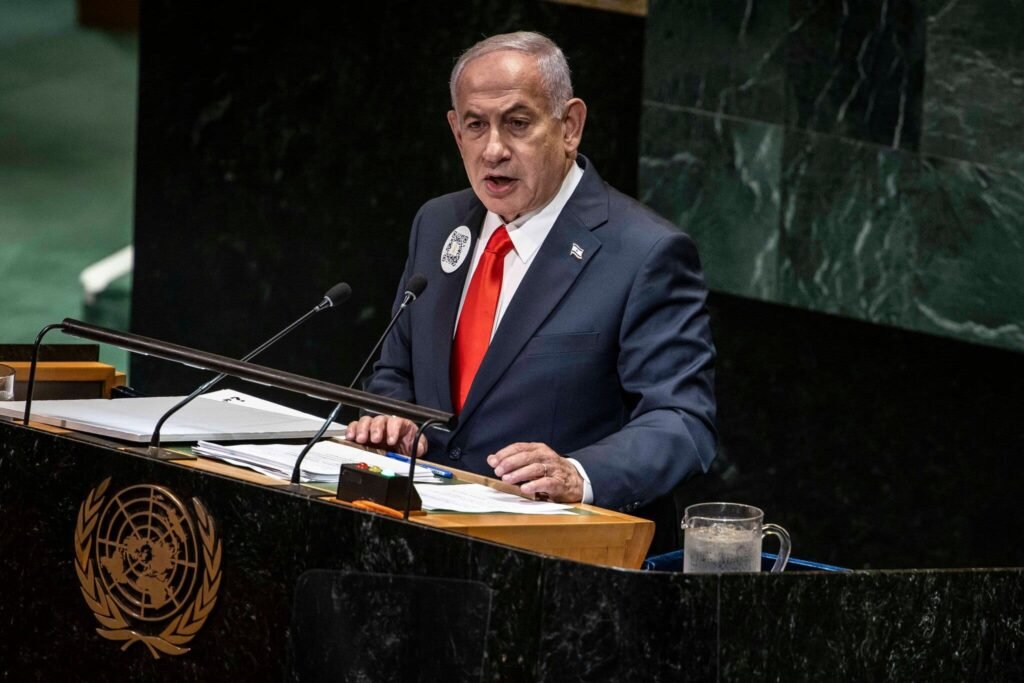 Israeli Prime Minister Benjamin Netanyahu speaking during a United Nations event.