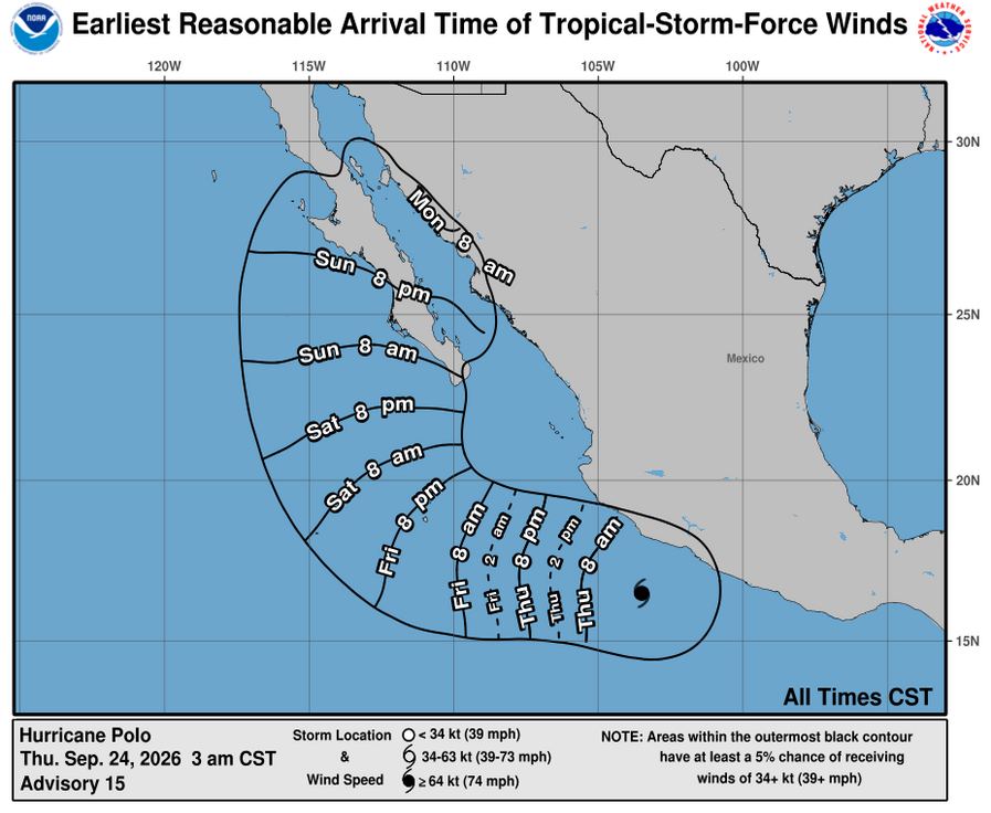 National Hurricane Center forecast track showing Hurricane Polo moving northwest offshore of Mexico.