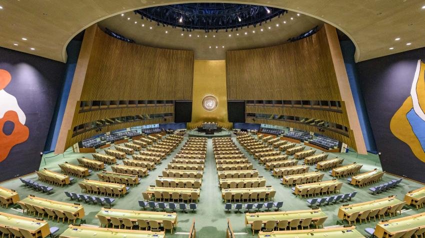 Empty United Nations General Assembly Hall prepared for the upcoming high-level debate.