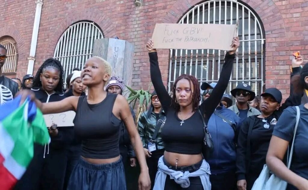 Women march during a demonstration against gender-based violence and femicide in South Africa.