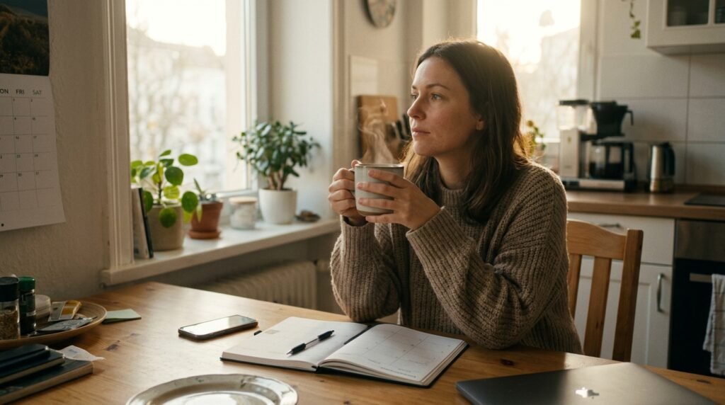 A candid photograph of a woman in a cozy brown knit sweater sitting at a wooden kitchen table, holding a steaming ceramic mug and looking thoughtfully out a large, sunlit window. In front of her on the table are an open paper planner, a pen, a smartphone, and a closed laptop. On the wall to the left, a calendar is visible. Potted plants sit on the windowsill, and a kitchen counter with a coffee maker is visible in the warm, natural morning light of the background.