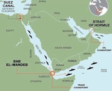Map of the Middle East highlighting the Strait of Hormuz and Bab al-Mandab Strait shipping routes.