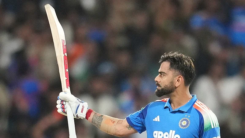 Virat Kohli celebrating his century during the India-West Indies first ODI.
