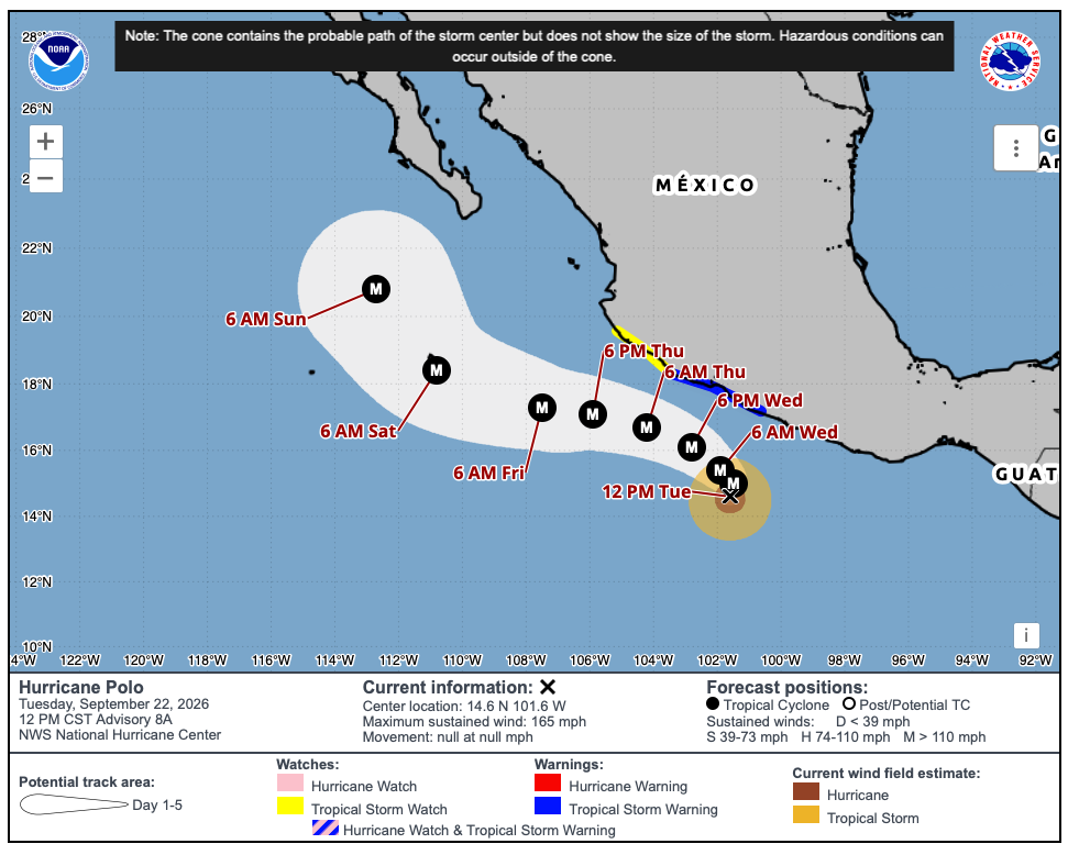 forecast graphic showing Hurricane Polo offshore of southwestern Mexico and the areas under tropical storm warnings and watches.