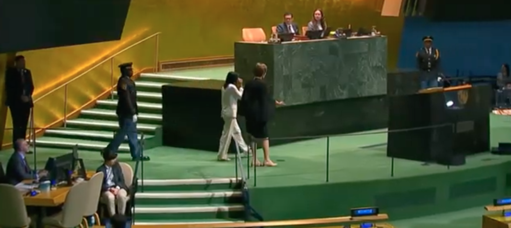 Delcy Rodríguez walking toward the podium at the United Nations General Assembly.
Credit: Frank Franklin II/AP.