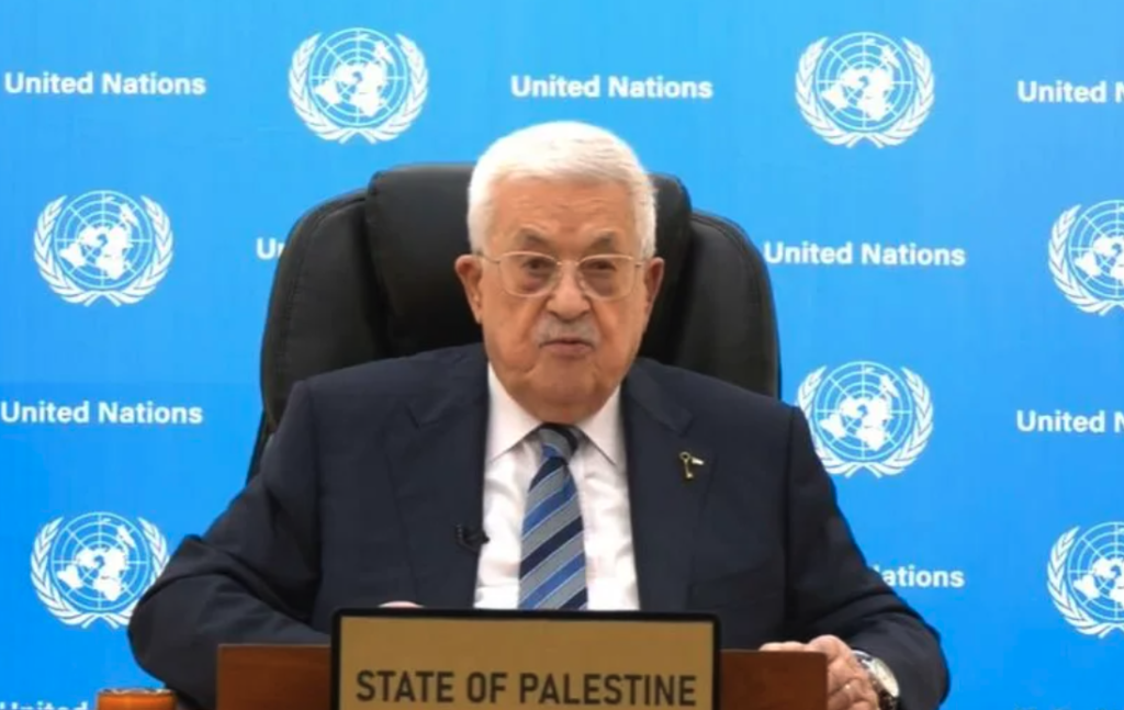 Palestinian President Mahmoud Abbas addressing the United Nations by prerecorded video from Ramallah.