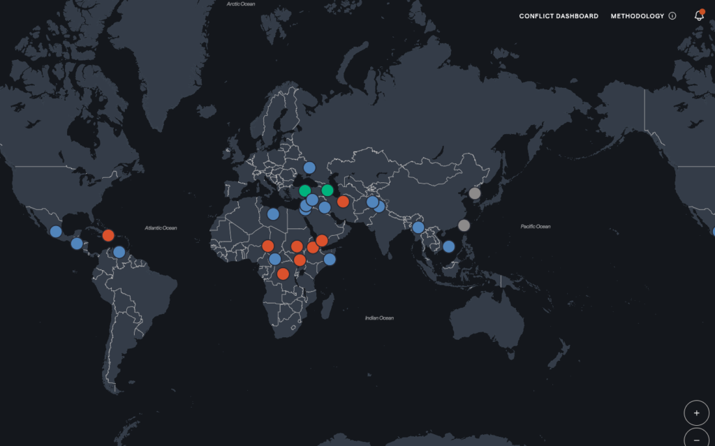 World map with multiple regions highlighted to indicate ongoing armed conflicts.