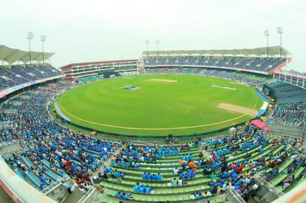 Wide view of Greenfield International Stadium in Thiruvananthapuram set up for a day-night cricket match.