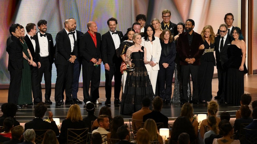 Cast and creators of Widow’s Bay standing on the Emmy Awards stage after winning Outstanding Comedy Series.