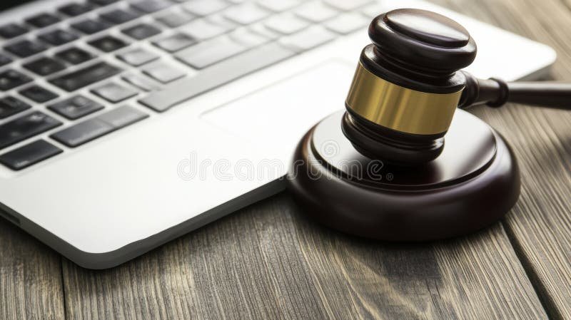  wooden gavel resting beside an open laptop displaying financial charts.