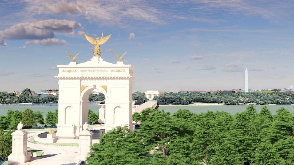 Rendering of the proposed Washington triumphal arch near Arlington National Cemetery and the Lincoln Memorial.
