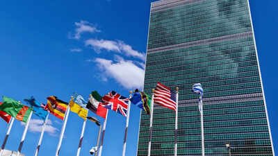 Rows of international flags outside the United Nations Headquarters building in New York City.