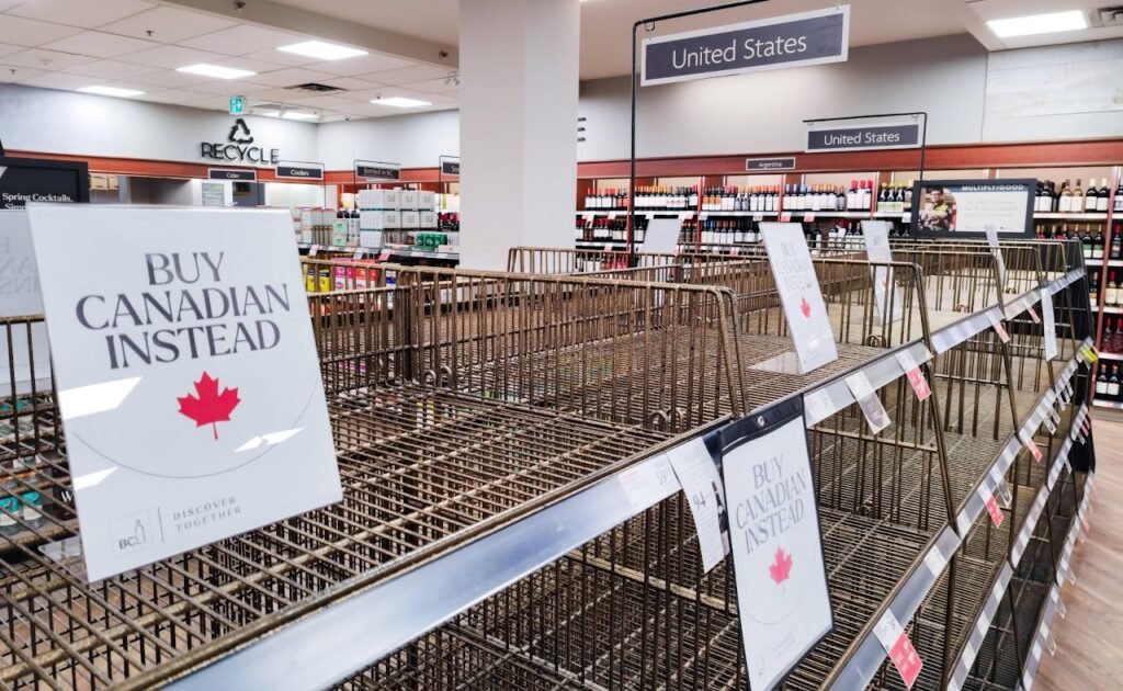 Internationally sourced food products displayed on supermarket shelves in Toronto, Canada.