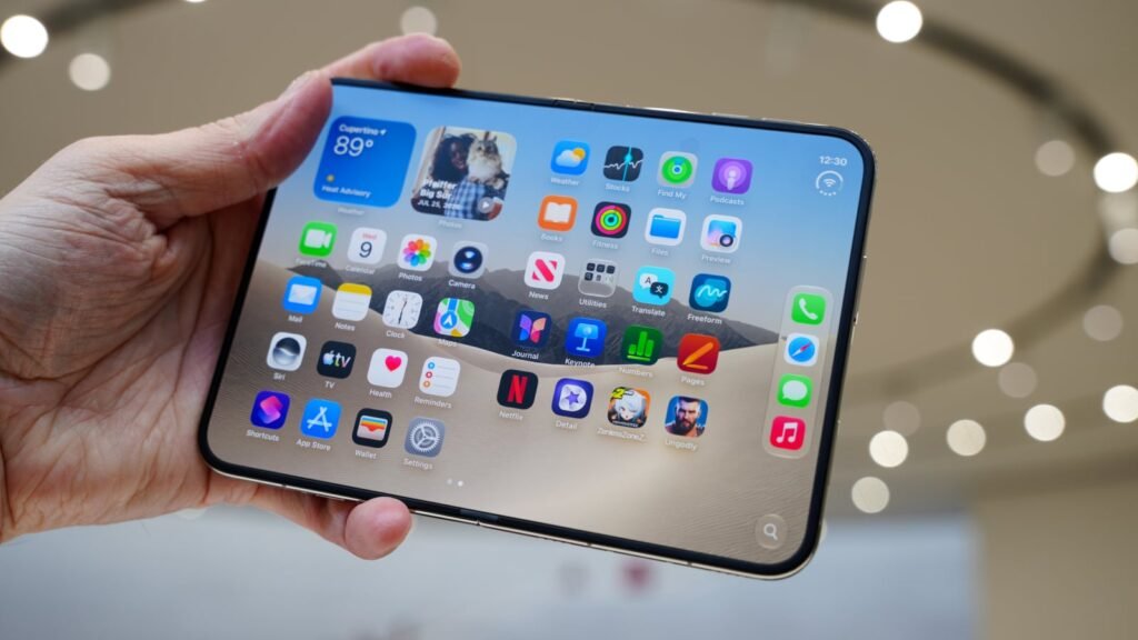 A person holding an unfolded foldable iPhone showing a large inner screen.