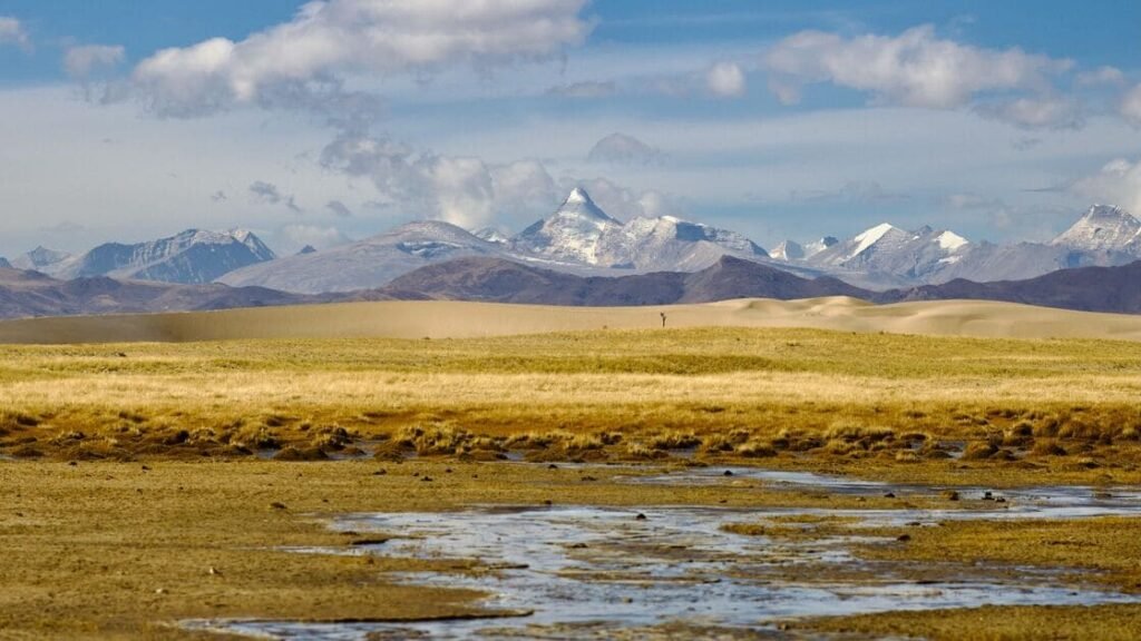 A wide view of a high, treeless plateau with mountains in the distance.