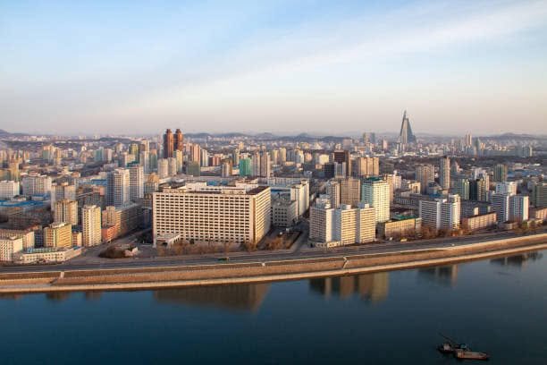 Apartment towers and a river in the North Korean capital.