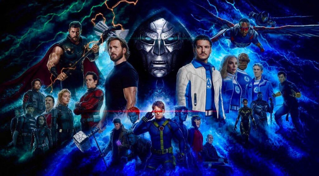 Movie poster with superheroes arranged around a central villain figure.