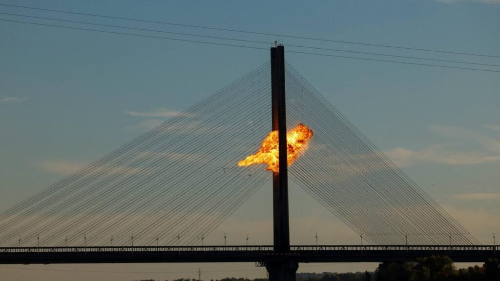 A large fireball erupts near the tower of a cable-stayed bridge at dusk, with suspension cables visible against the sky.