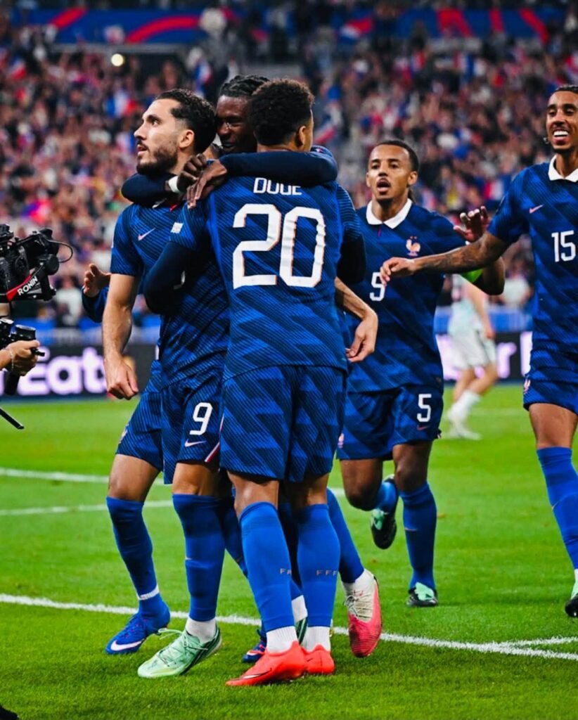France players celebrate their 4-1 Nations League victory over Belgium at the Stade de France.
