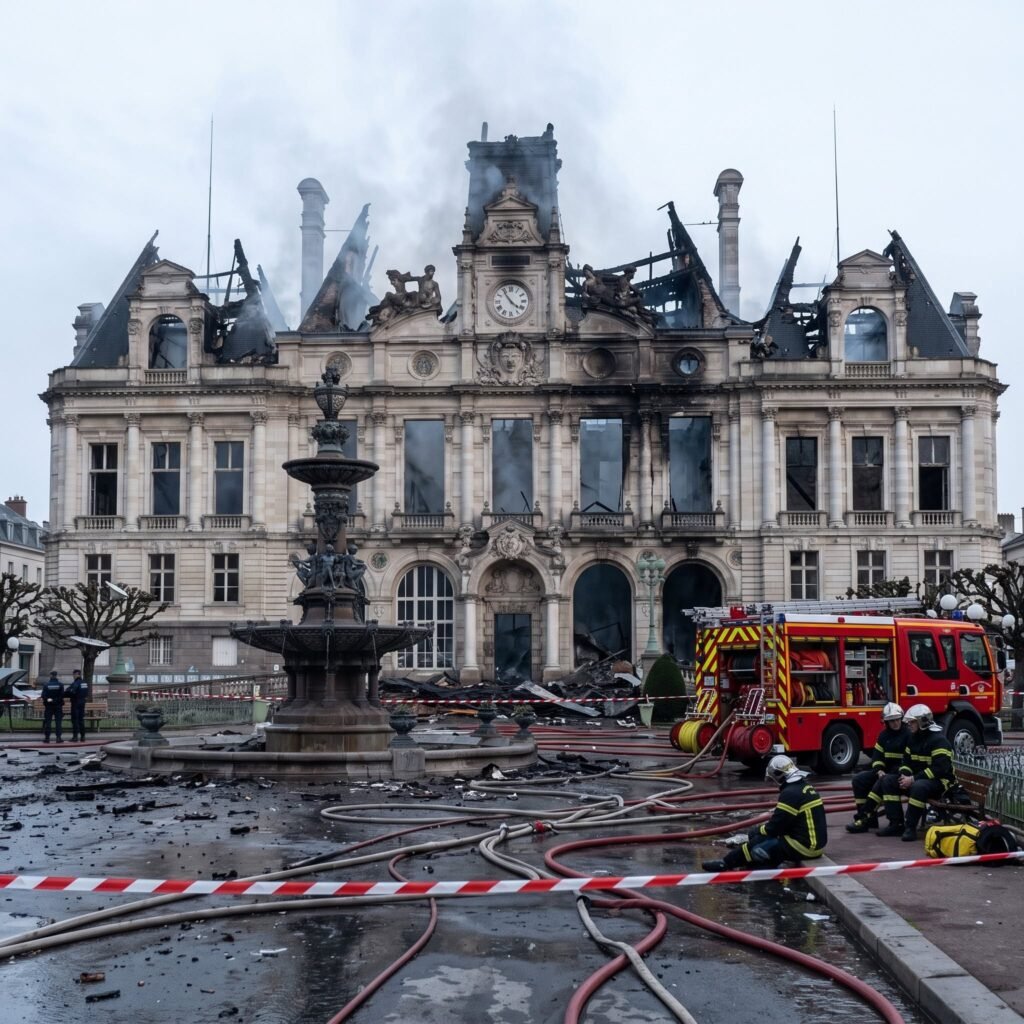 Fire-damaged historic town hall in Limoges after violent protests.