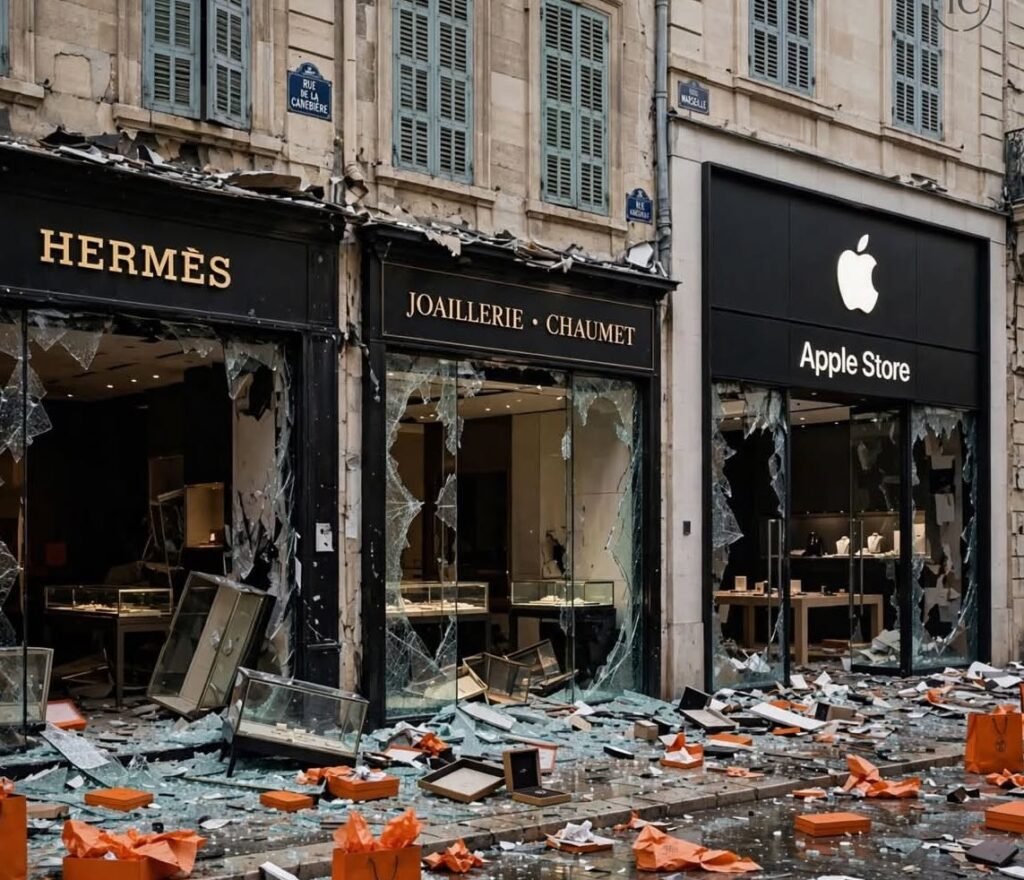 A shop with a smashed window and debris on the pavement in Paris.