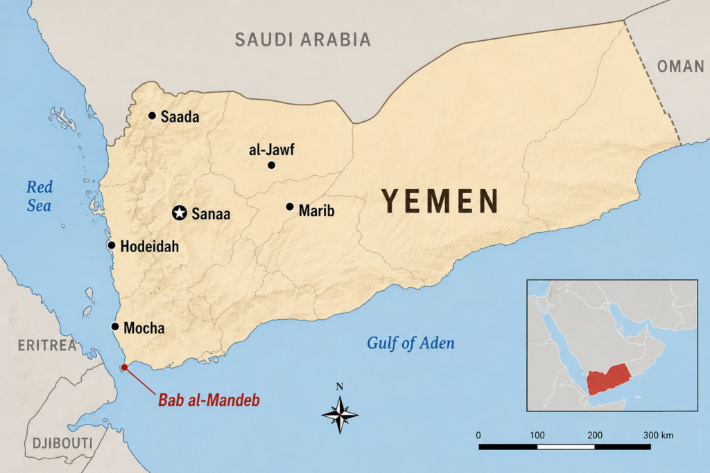 A map of Yemen with labeled markers for Sanaa, Mocha, the Bab al-Mandeb Strait and the governorates of Saada, Hodeidah, al-Jawf and Marib.