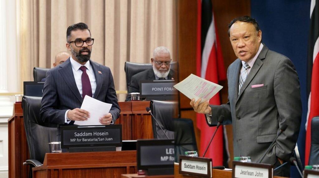 Two government ministers in formal attire pose for official portraits.