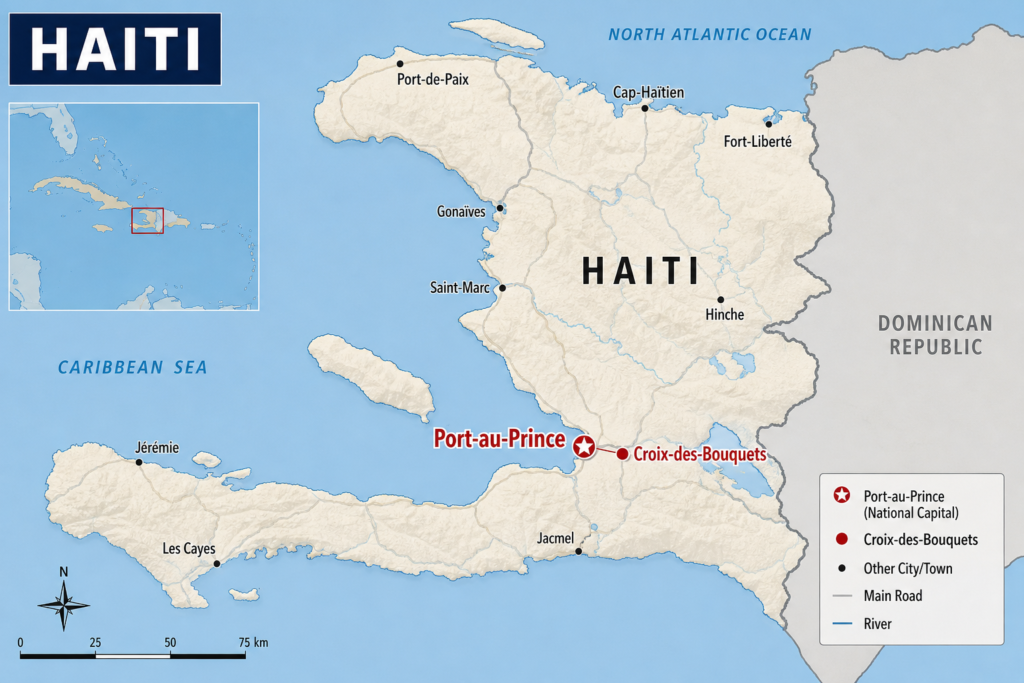A map of Haiti with Port-au-Prince and Croix-des-Bouquets marked.