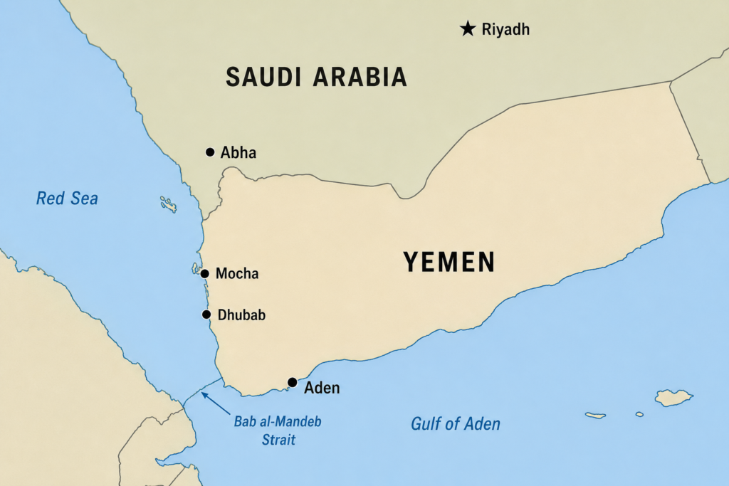 A map of Yemen and southwestern Saudi Arabia with labeled markers for Aden, Mocha, Dhubab, Riyadh and Abha along the Red Sea coast.