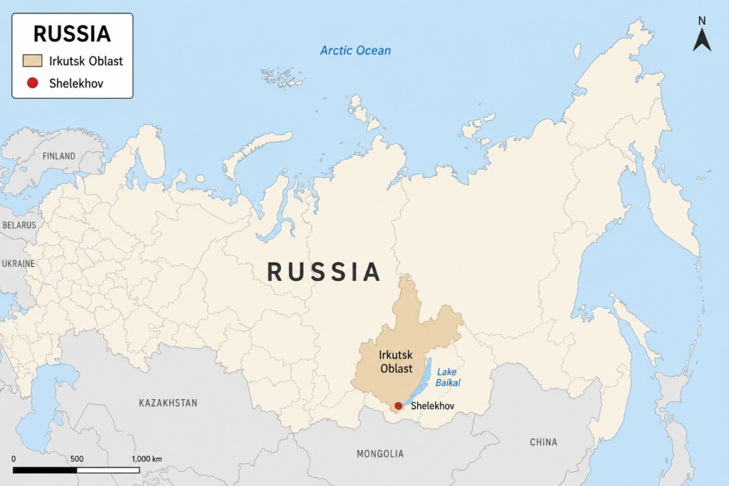 A map of Russia with the Irkutsk region in southern Siberia highlighted and a marker for the town of Shelekhov.