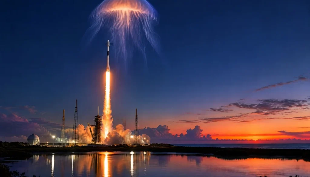 SpaceX Falcon 9 rocket lifting off from Cape Canaveral in Florida before sunrise.
