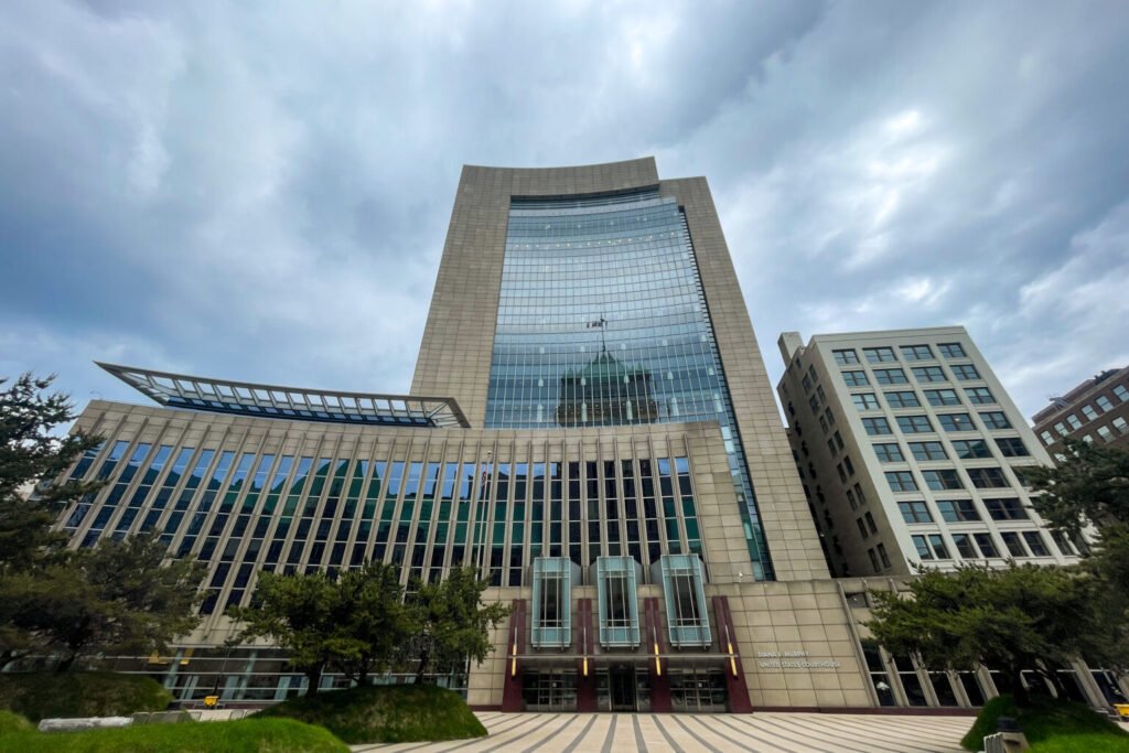 The exterior of a federal courthouse building.