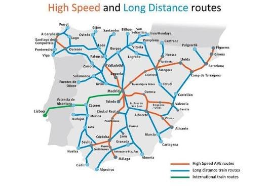 A map of central Spain with a high-speed rail line and Urda marked.