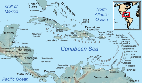 A map of the Caribbean Sea with islands and surrounding countries.