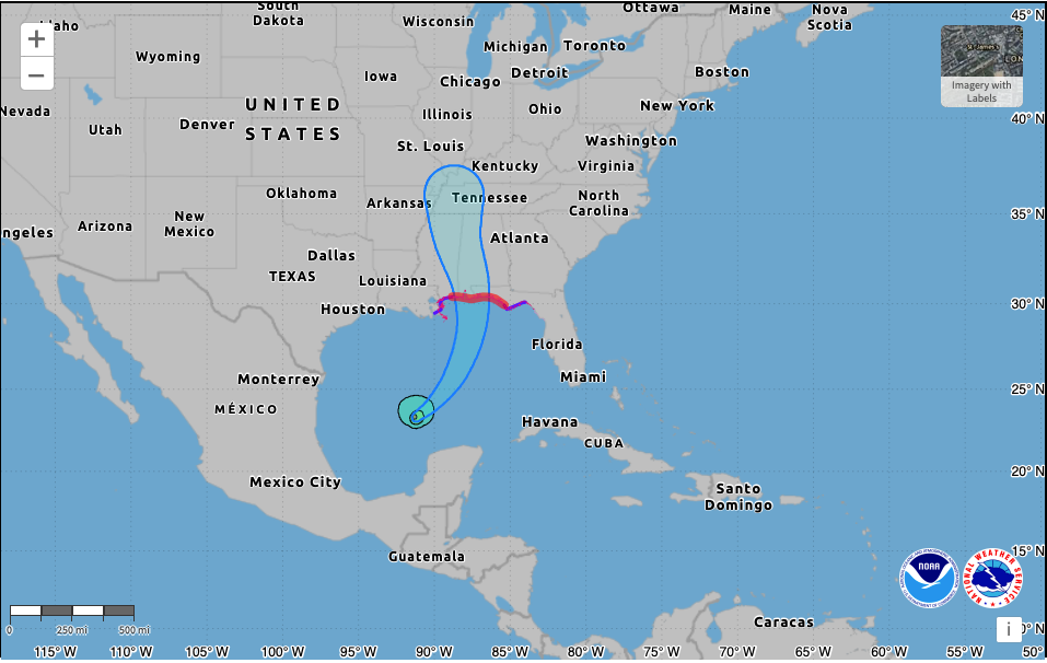 A map of the Gulf Coast with a shaded cone showing the forecast path of Hurricane Isaias and colored coastal sections marking hurricane and tropical storm warnings.