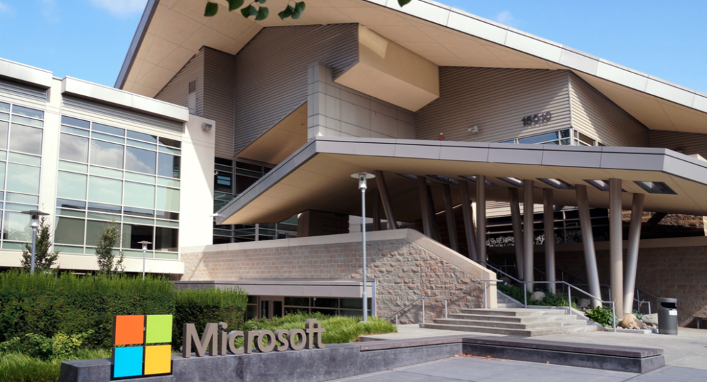 Exterior of a Microsoft office building on the company’s Redmond campus.