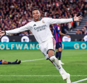 Kylian Mbappe celebrates after scoring for Real Madrid against Barcelona in El Clásico.