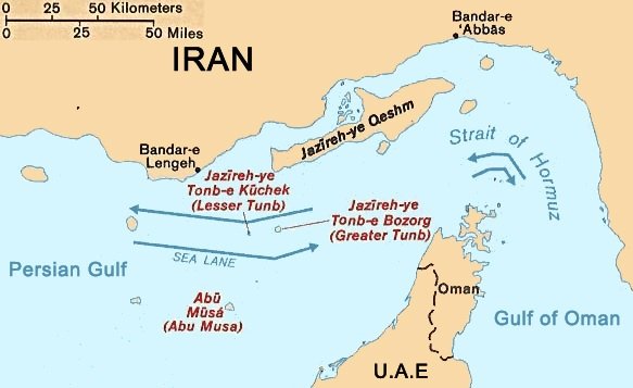 A map showing the Strait of Hormuz between Iran and Oman.