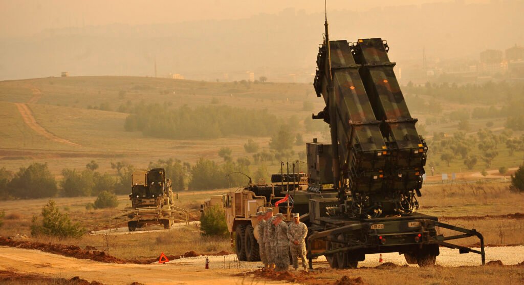 A missile launcher on a truck pointed