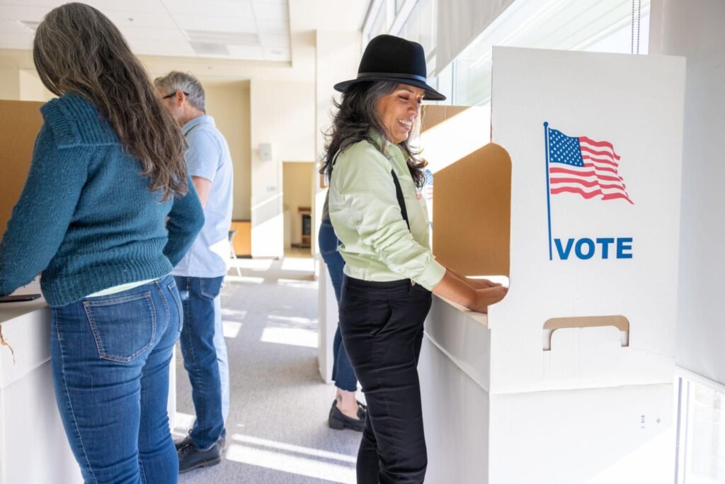 Hispanic voters casting ballots at a U.S. polling station