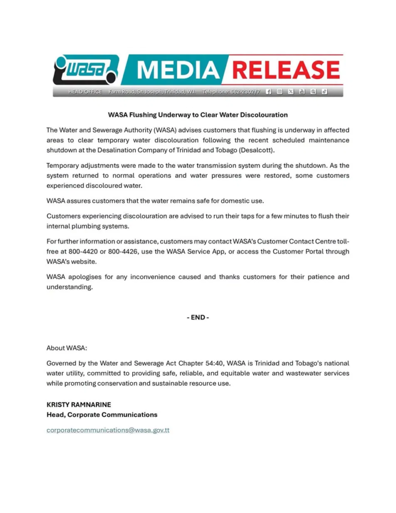 A WASA media release headed "WASA Flushing Underway to Clear Water Discolouration," with paragraphs advising customers the water is safe for domestic use and to run taps for a few minutes.