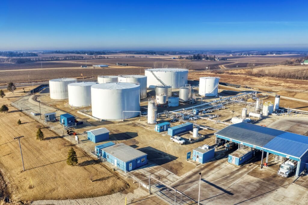 Large industrial storage tanks at a fuel refinery