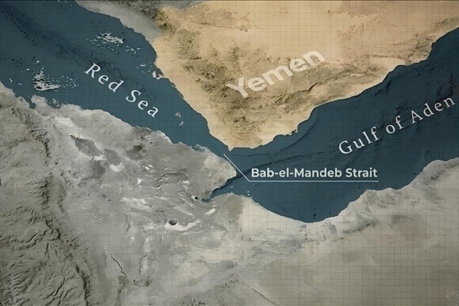 Bab al-Mandeb Strait between Yemen and the Horn of Africa connecting the Red Sea with the Gulf of Aden.